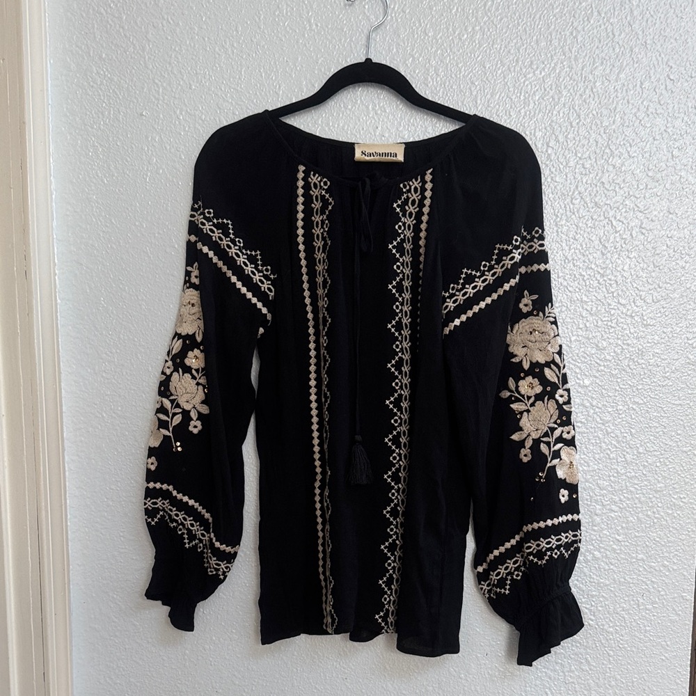 Savannah Black Blouse with Cream Embroidery